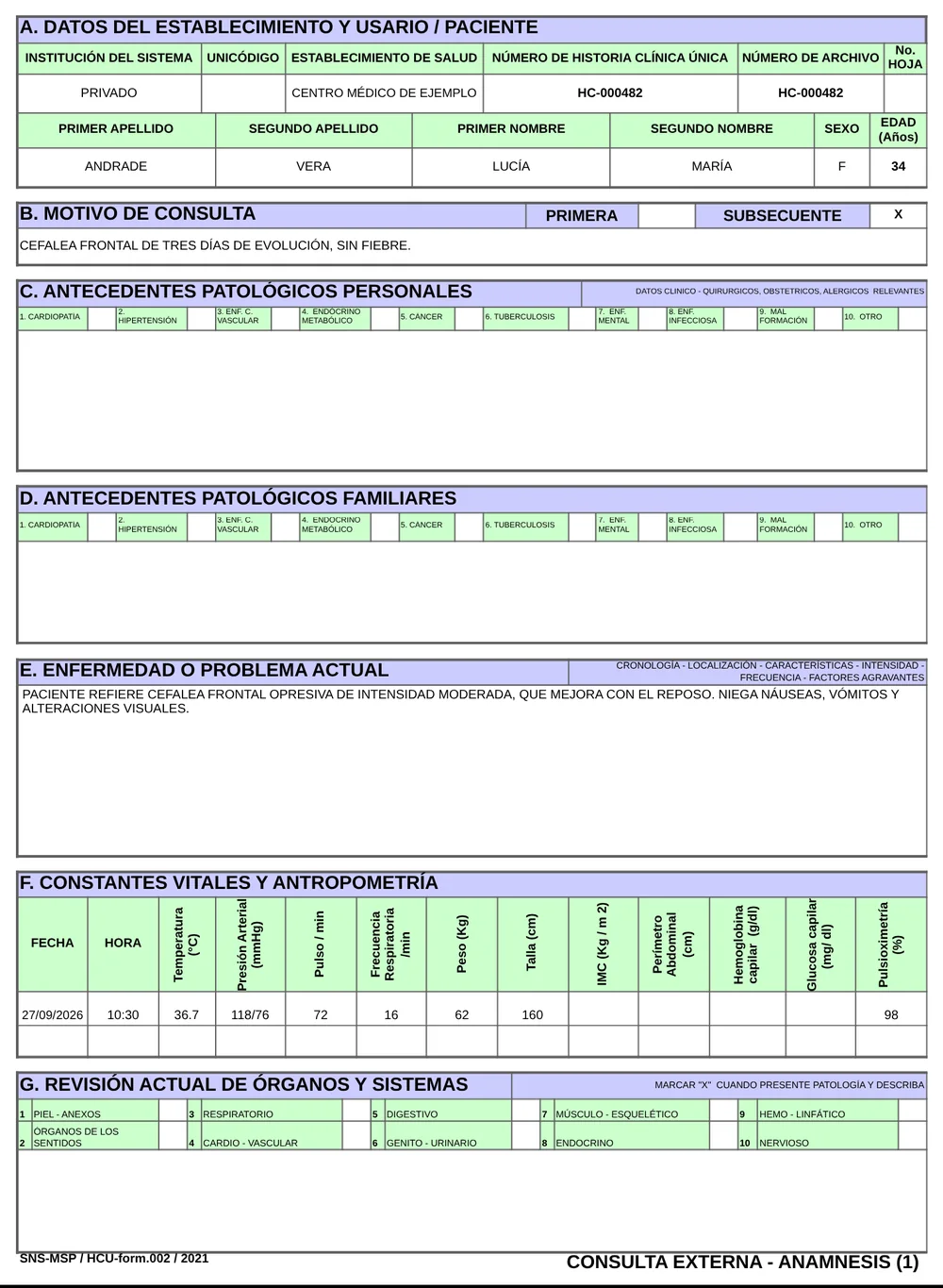Hoja 1 del formulario 002 de consulta externa, edición 2021, impresa desde el sistema con datos de ejemplo