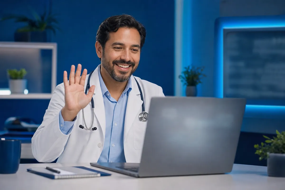 Un médico saluda por videollamada al empezar una demostración