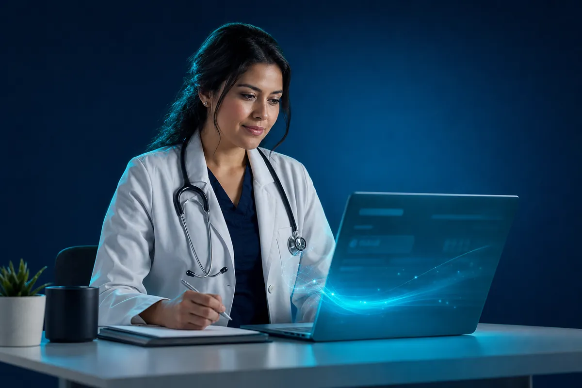Una médica dicta la consulta mientras Vertex prepara el formulario en su portátil