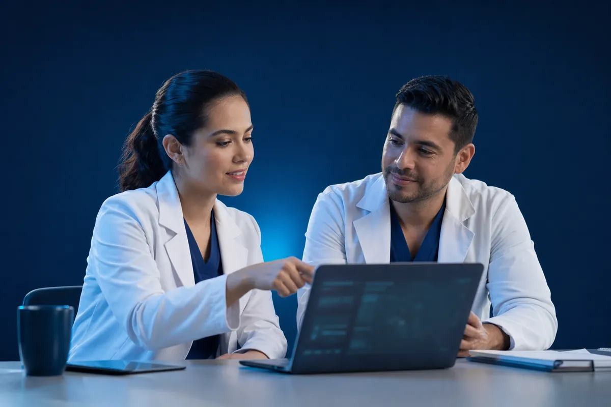 Una médica le explica la plataforma a un colega en un portátil